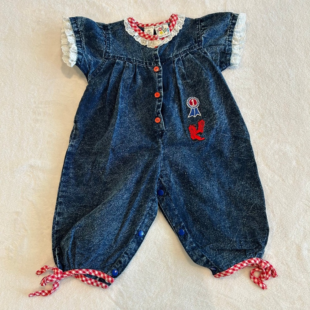 Vintage Pop Kids Denim Romper Acid Wash Gingham Lace Cowboy Boots Blue Red 12M